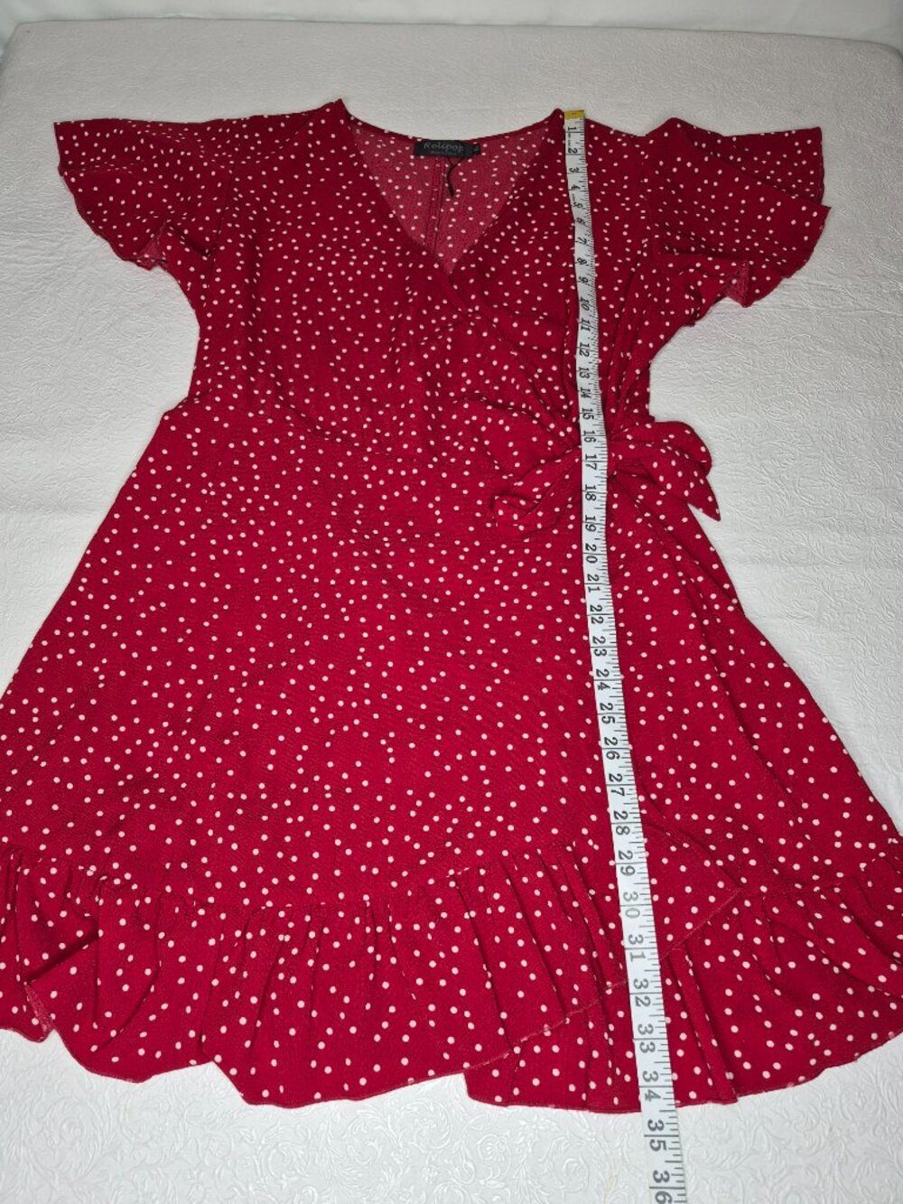 Relipop Womens XL Red White Polka Dot Ruffle Flutter Short Sleeve Wrap Dress - Picture 12 of 15